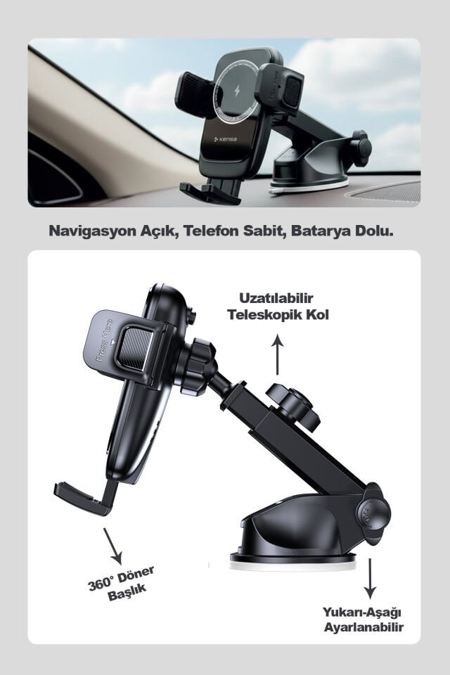 15W Kablosuz Şarj Destekli Sensörlü Araç Telefon Tutucu