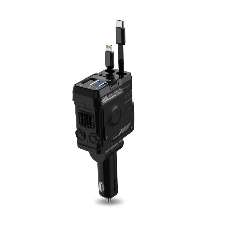 Geri Çekilebilir Kablolu 70W Araç Hızlı Şarj Cihazı Siyah
