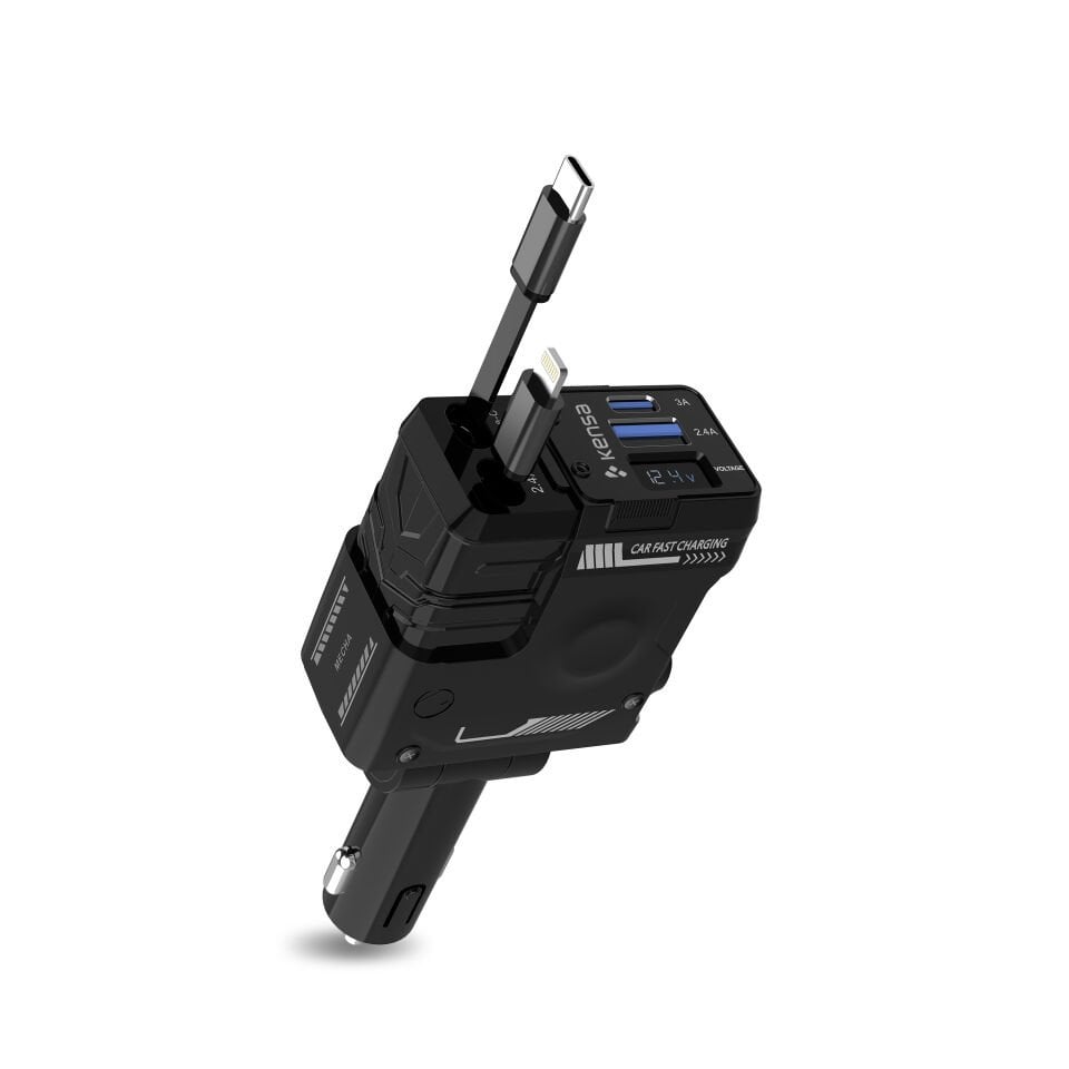 Geri Çekilebilir Kablolu 70W Araç Hızlı Şarj Cihazı Siyah