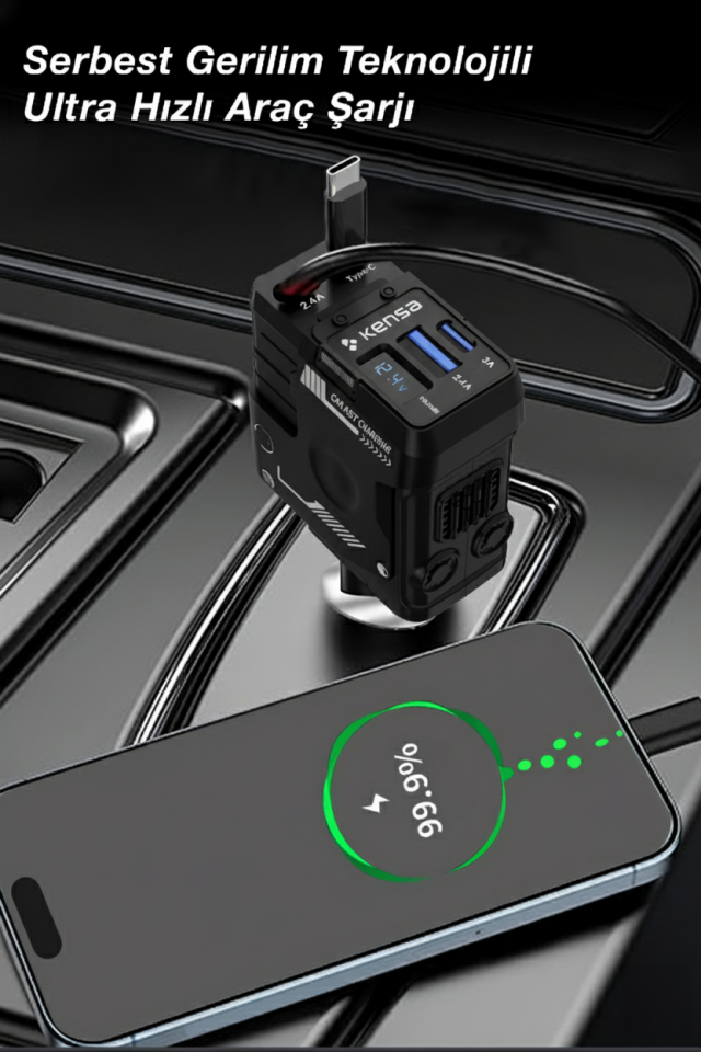 Geri Çekilebilir Kablolu 70W Araç Hızlı Şarj Cihazı Siyah