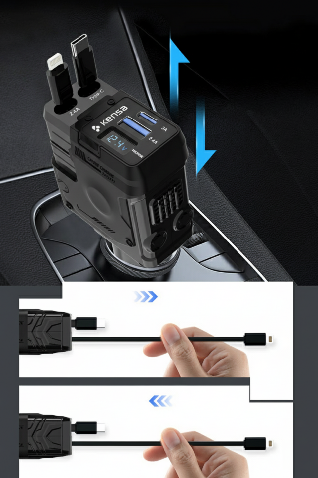 Geri Çekilebilir Kablolu 70W Araç Hızlı Şarj Cihazı Siyah