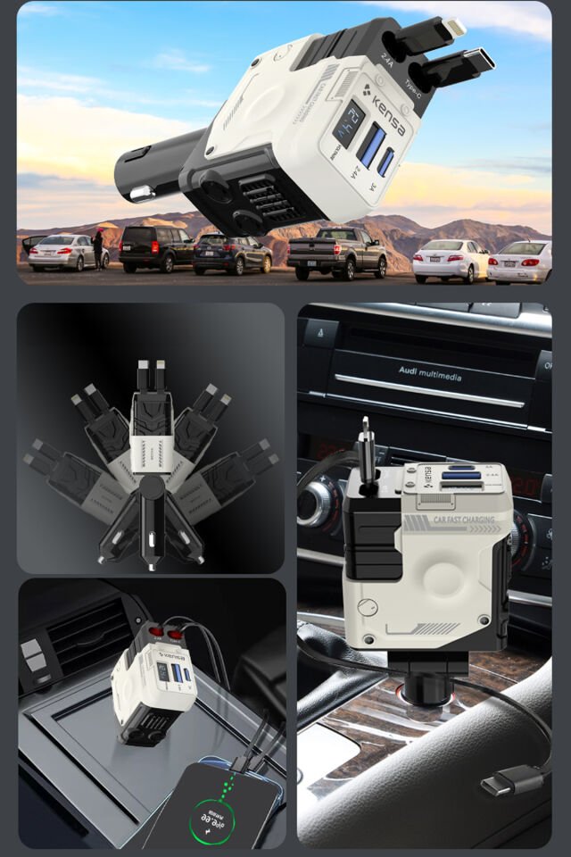 Geri Çekilebilir Kablolu 70W Araç Hızlı Şarj Cihazı Beyaz