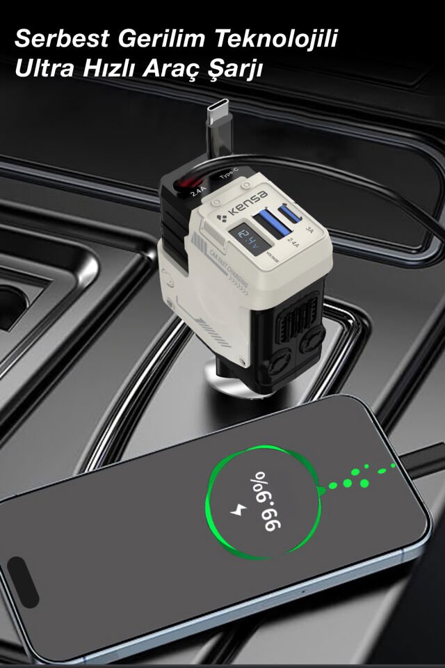 Geri Çekilebilir Kablolu 70W Araç Hızlı Şarj Cihazı Beyaz