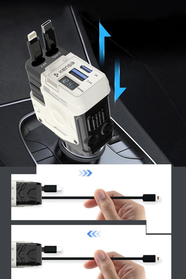 Geri Çekilebilir Kablolu 70W Araç Hızlı Şarj Cihazı Beyaz