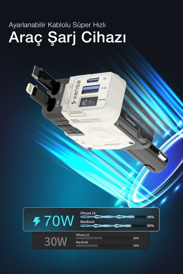 Geri Çekilebilir Kablolu 70W Araç Hızlı Şarj Cihazı Beyaz