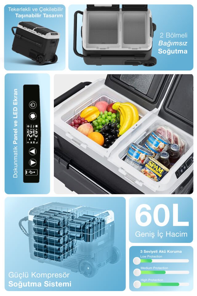 60 Litre Çift Bölmeli Taşınabilir Araç Buzdolabı