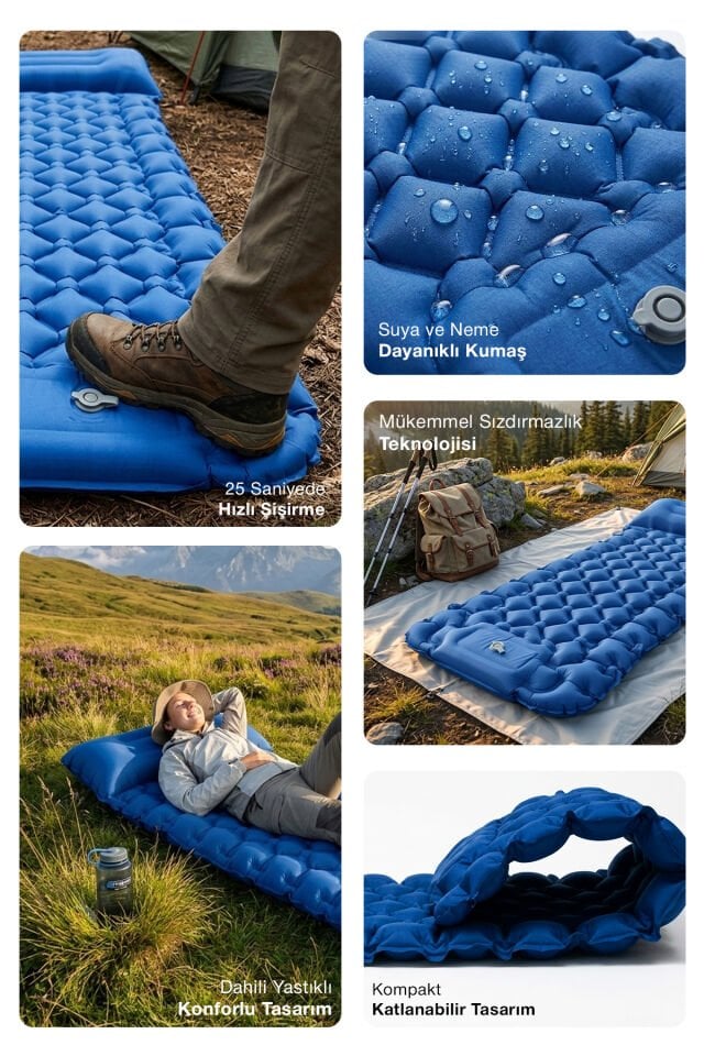 Kendinden Yastıklı Şişirilebilir Kamp ve Uyku Matı Mavi