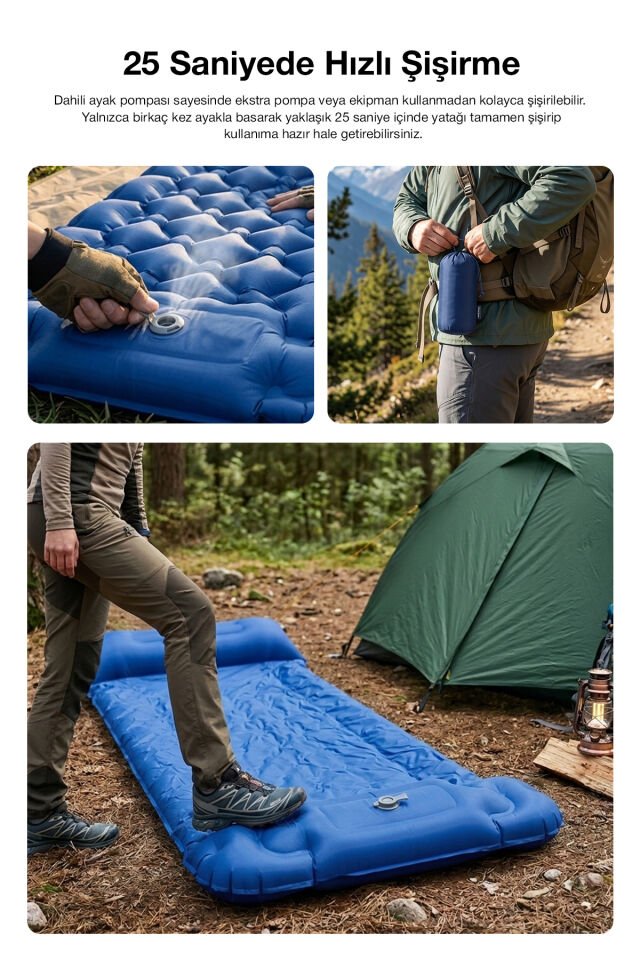 Kendinden Yastıklı Şişirilebilir Kamp ve Uyku Matı Mavi