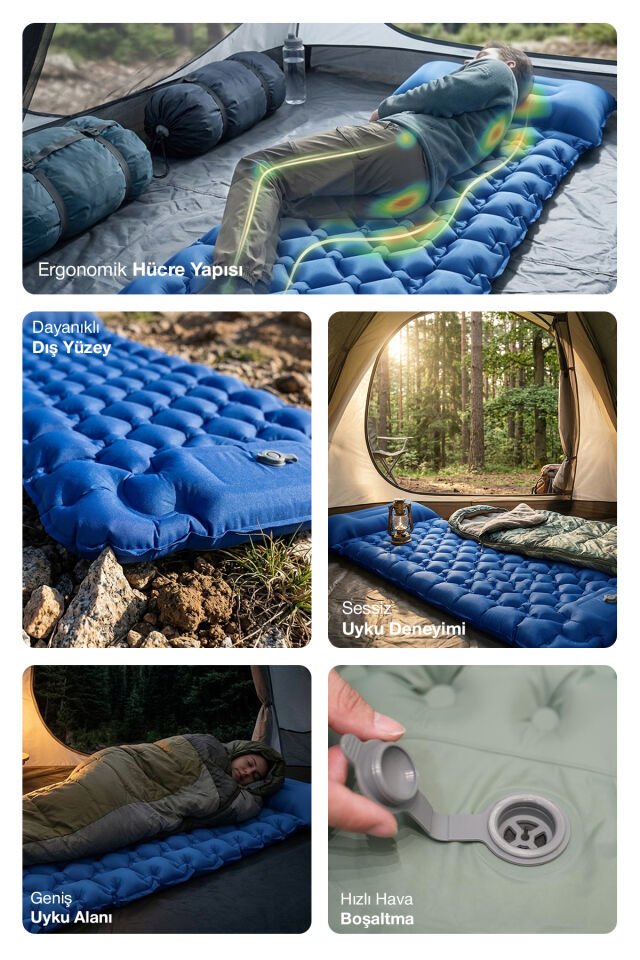 Kendinden Yastıklı Şişirilebilir Kamp ve Uyku Matı Mavi