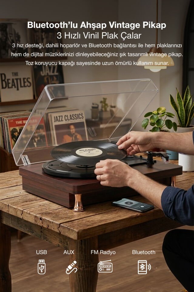 Vintage Ahşap Bluetooth Plak Çalar