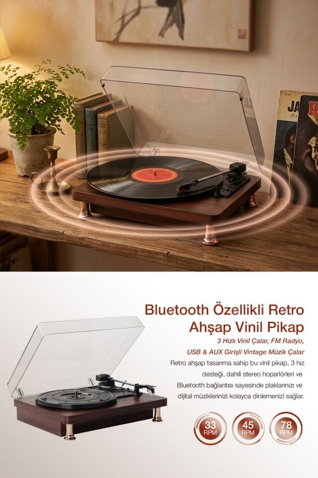 Vintage Ahşap Bluetooth Plak Çalar