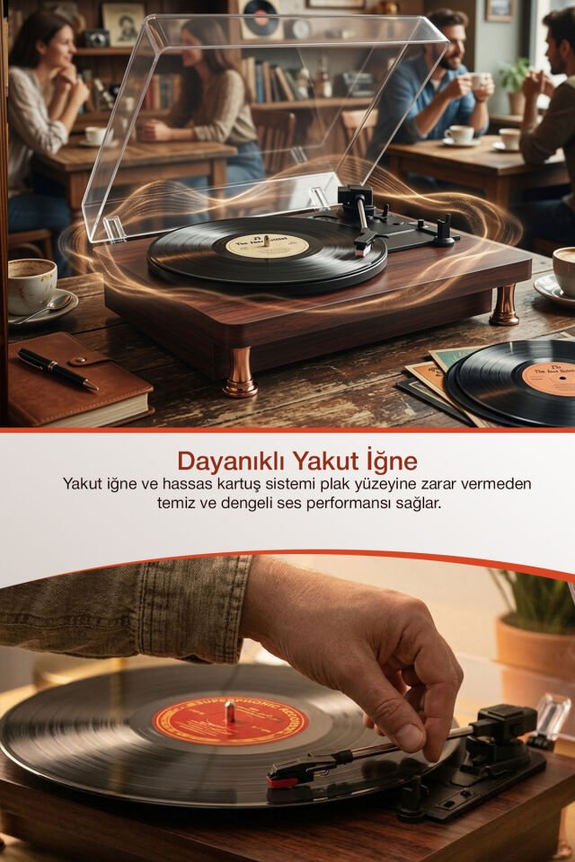 Vintage Ahşap Bluetooth Plak Çalar