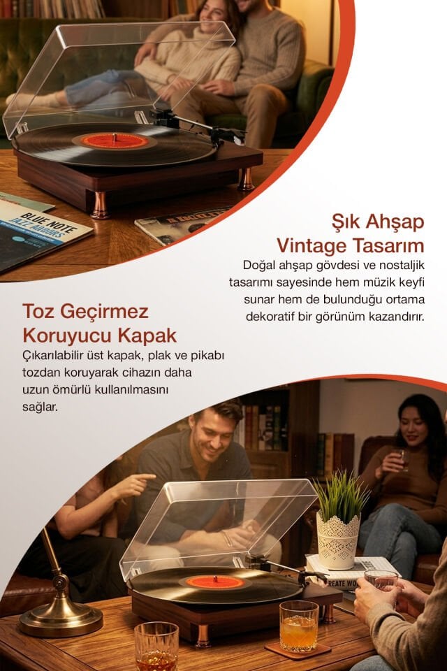 Vintage Ahşap Bluetooth Plak Çalar