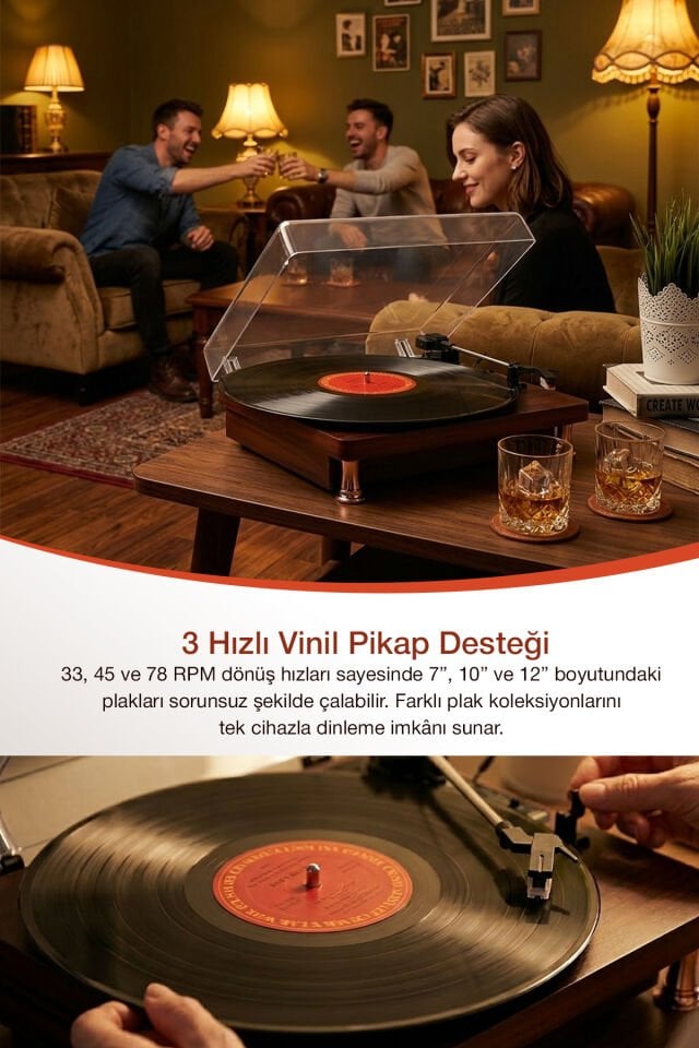 Vintage Ahşap Bluetooth Plak Çalar