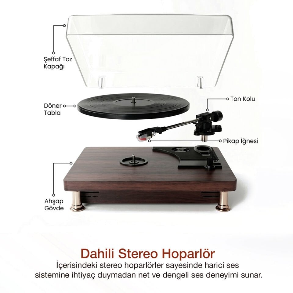 Vintage Ahşap Bluetooth Plak Çalar