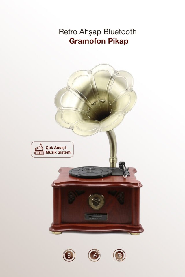 Retro Vintage Ahşap Gramofon