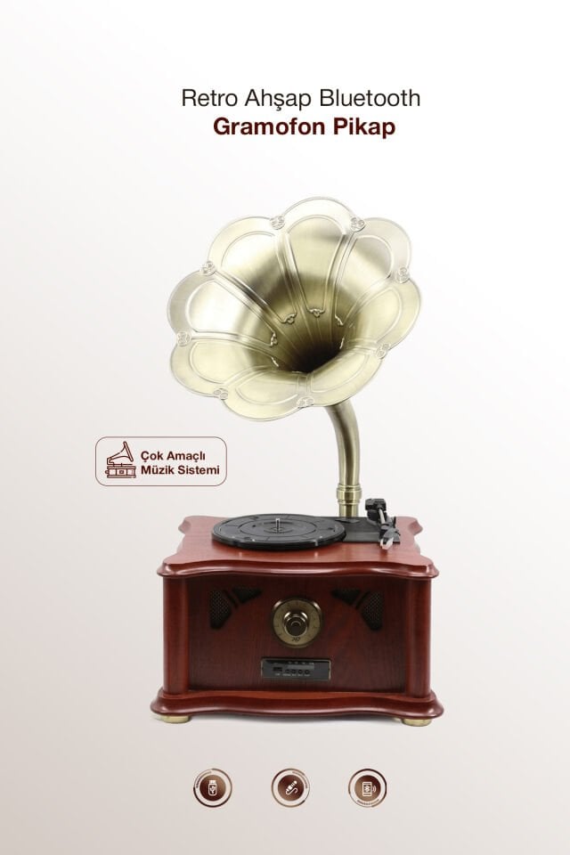 Retro Vintage Ahşap Gramofon