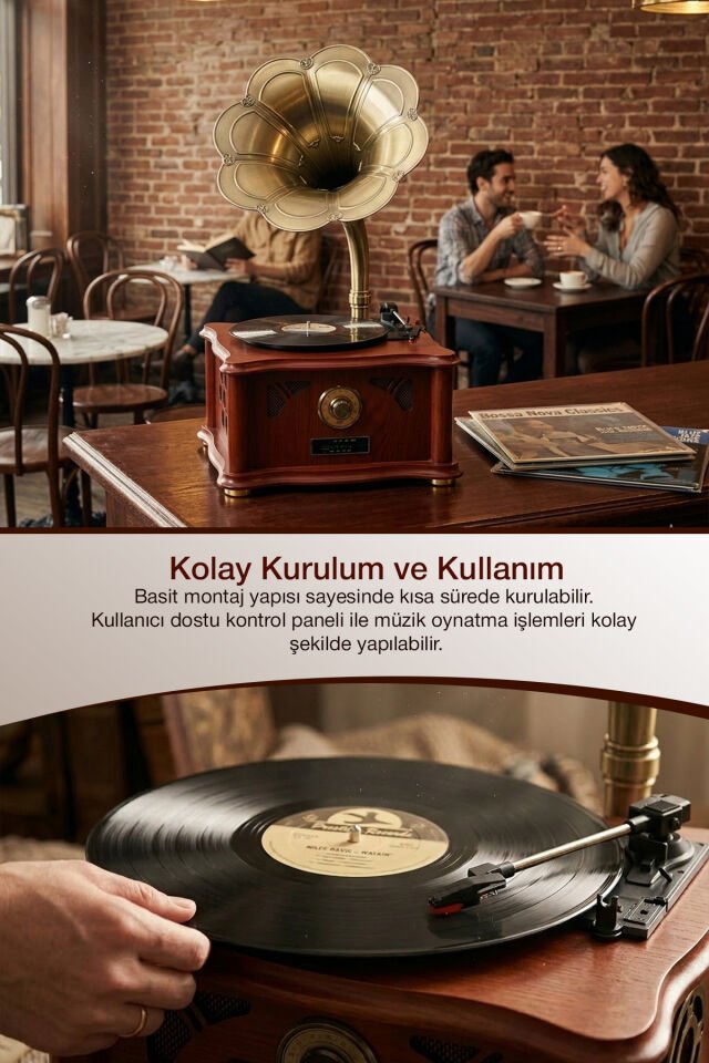 Retro Vintage Ahşap Gramofon