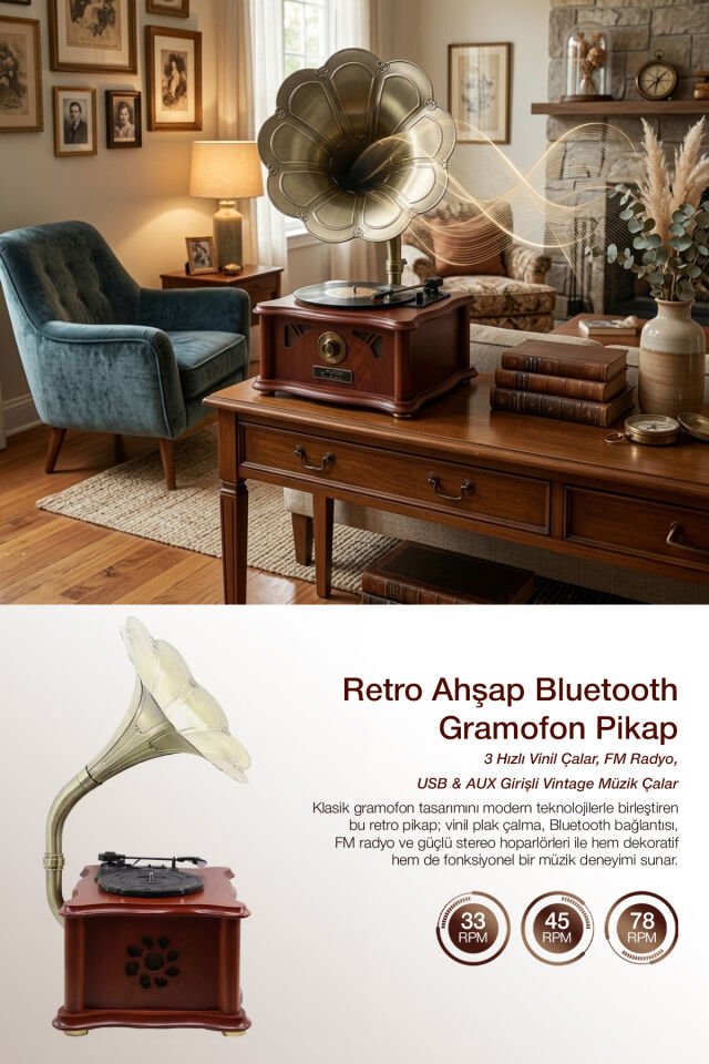 Retro Vintage Ahşap Gramofon
