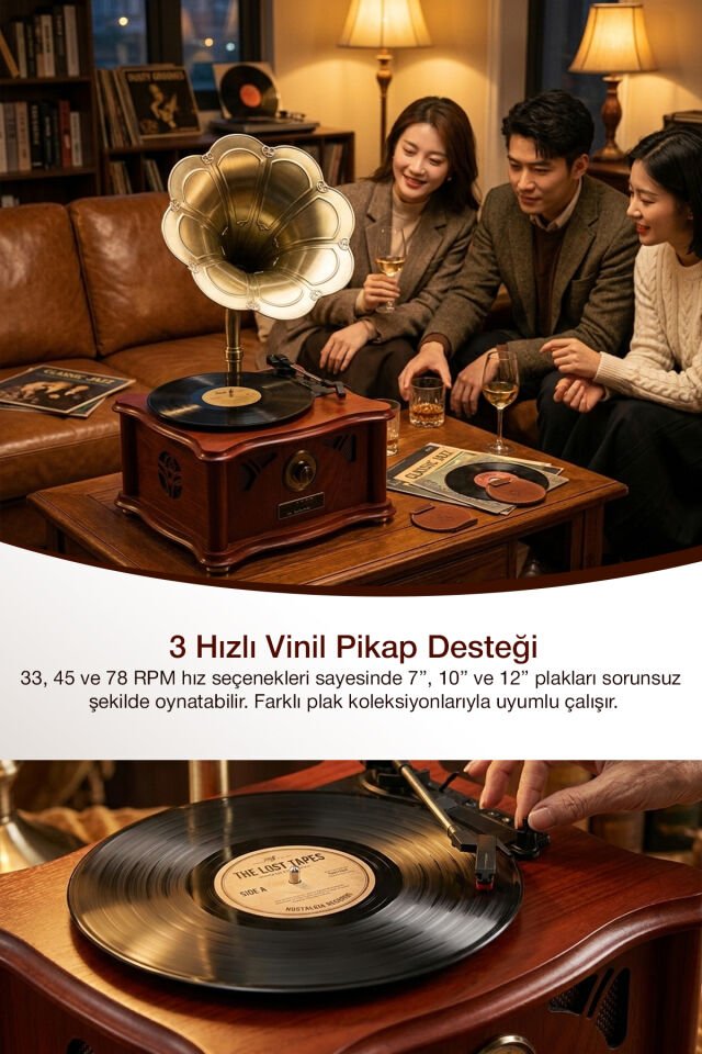 Retro Vintage Ahşap Gramofon