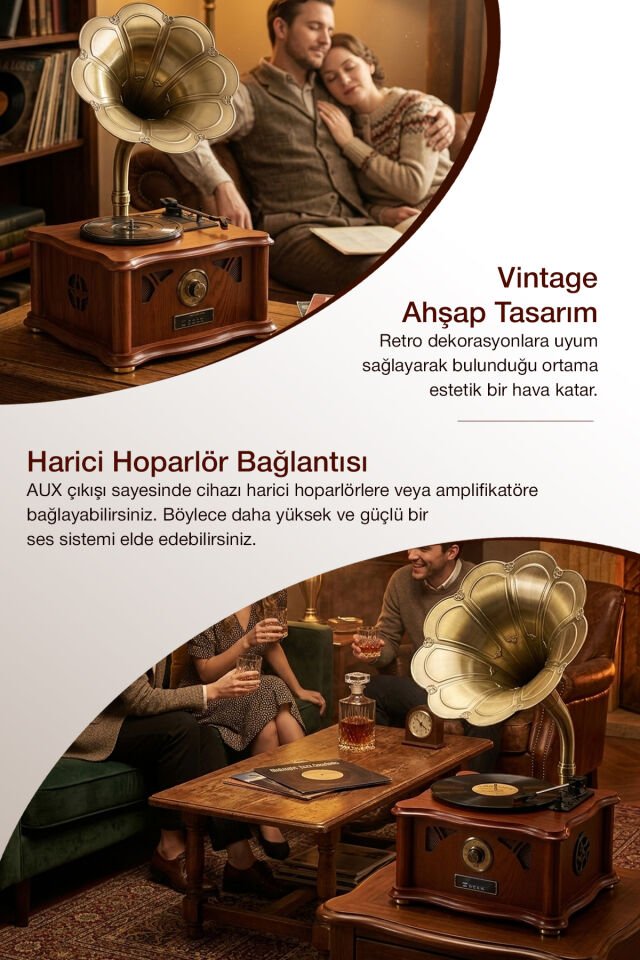 Retro Vintage Ahşap Gramofon