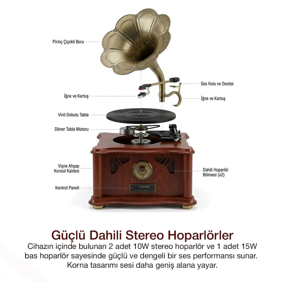 Retro Vintage Ahşap Gramofon