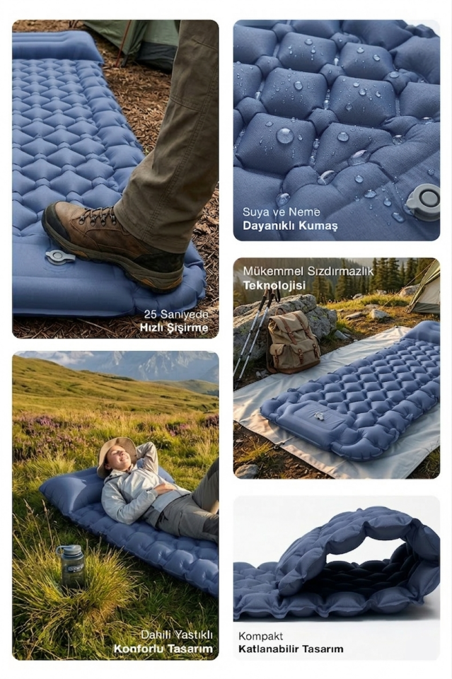 Kendinden Yastıklı Şişirilebilir Kamp ve Uyku Matı Lacivert
