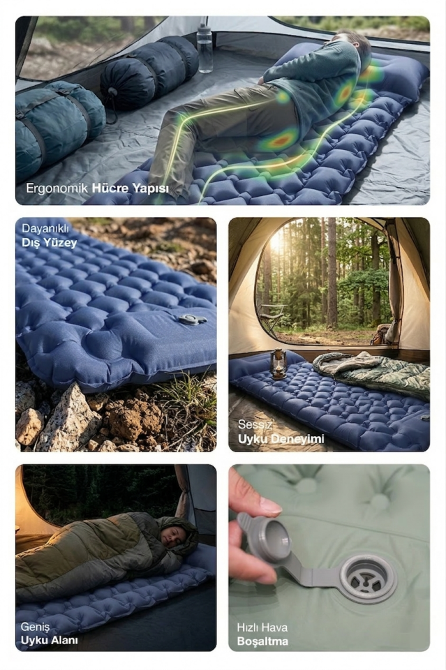 Kendinden Yastıklı Şişirilebilir Kamp ve Uyku Matı Lacivert