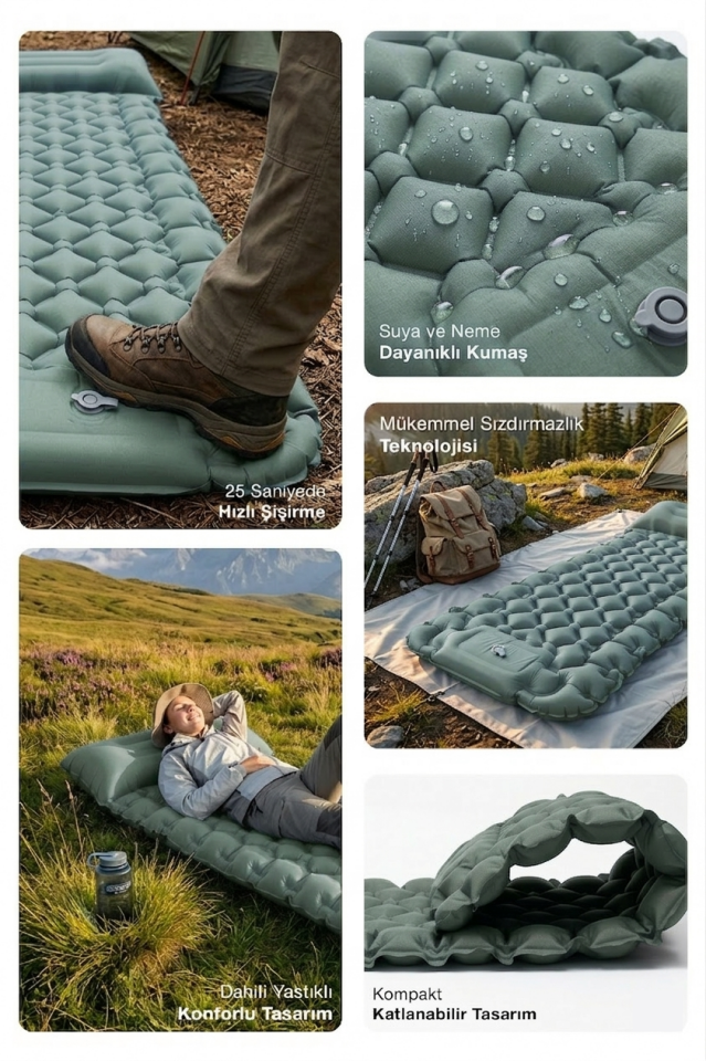 Kendinden Yastıklı Şişirilebilir Kamp ve Uyku Matı Haki