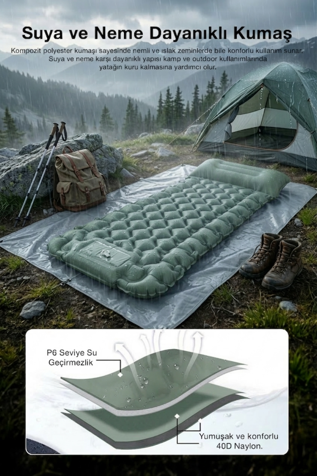 Kendinden Yastıklı Şişirilebilir Kamp ve Uyku Matı Haki