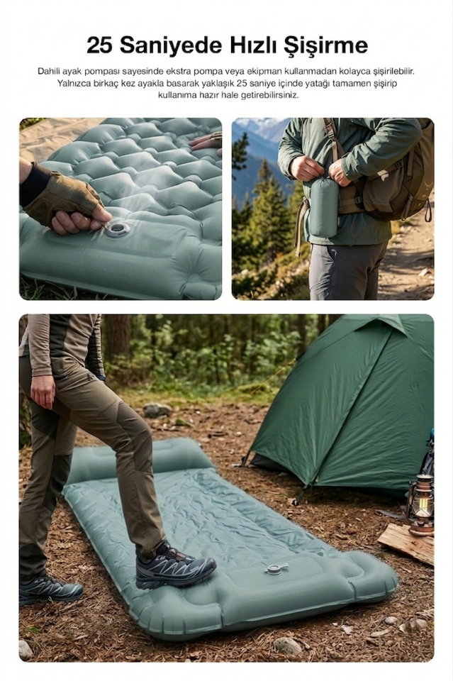 Kendinden Yastıklı Şişirilebilir Kamp ve Uyku Matı Haki