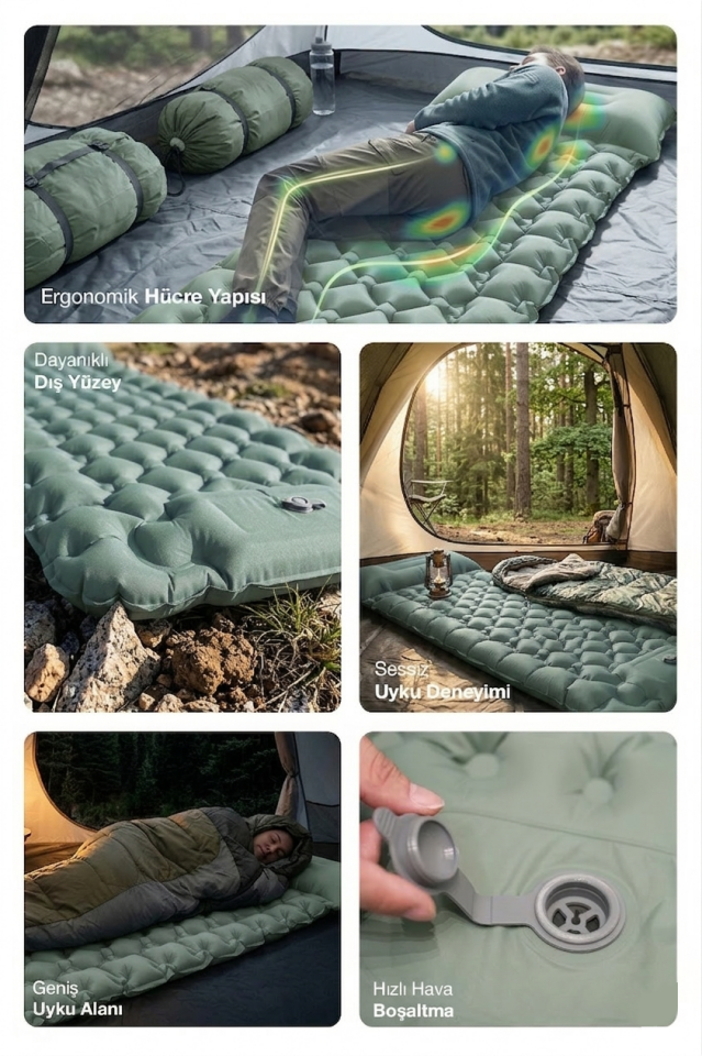Kendinden Yastıklı Şişirilebilir Kamp ve Uyku Matı Haki