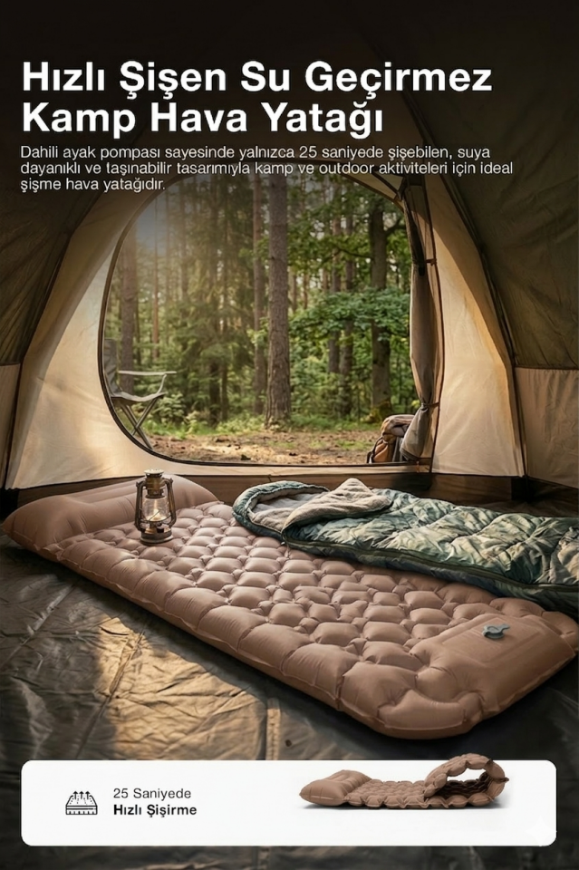 Kendinden Yastıklı Şişirilebilir Kamp ve Uyku Matı Açık Kahve