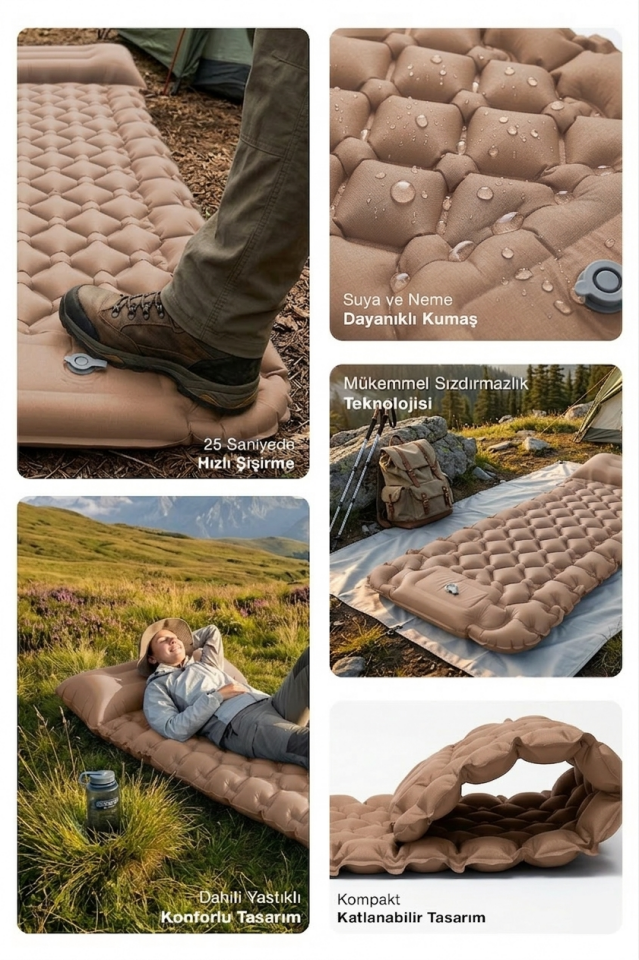 Kendinden Yastıklı Şişirilebilir Kamp ve Uyku Matı Açık Kahve