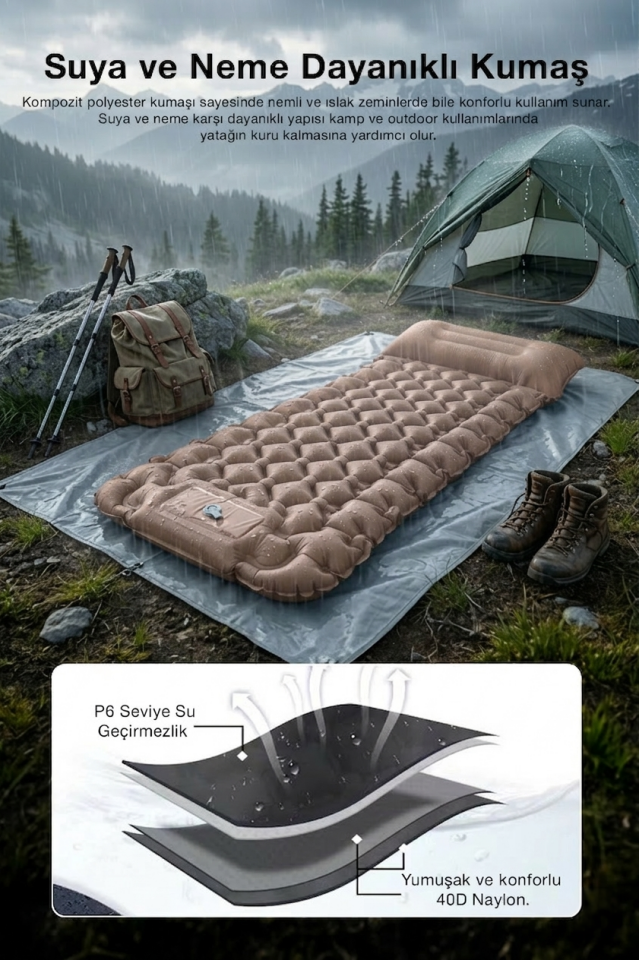 Kendinden Yastıklı Şişirilebilir Kamp ve Uyku Matı Açık Kahve