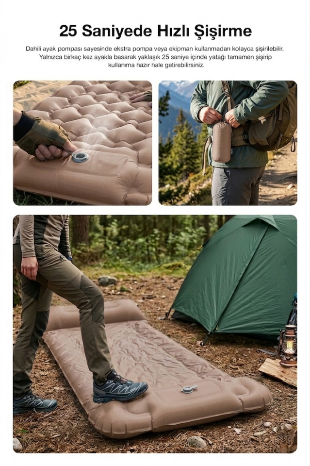Kendinden Yastıklı Şişirilebilir Kamp ve Uyku Matı Açık Kahve
