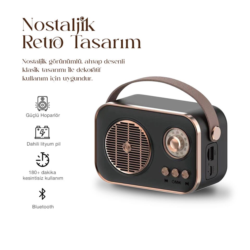 Taşınabilir FM/AM/SW Bluetooth Nostaljik Speaker Siyah