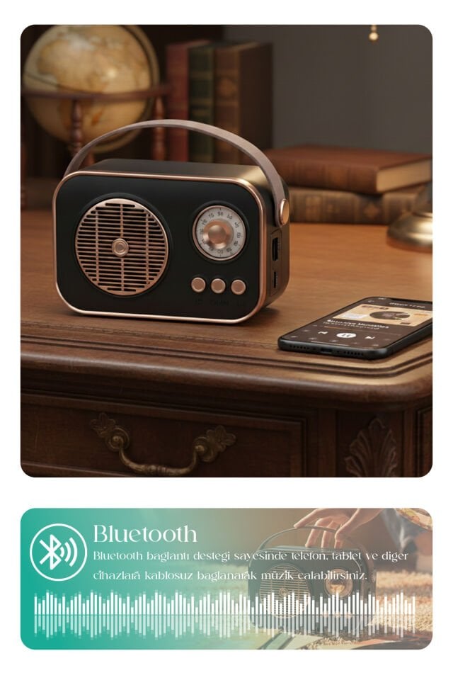 Taşınabilir FM/AM/SW Bluetooth Nostaljik Speaker Siyah