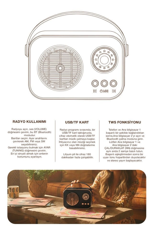 Taşınabilir FM/AM/SW Bluetooth Nostaljik Speaker Siyah