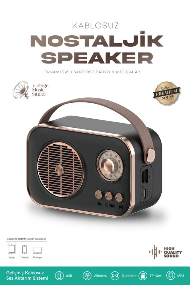 Taşınabilir FM/AM/SW Bluetooth Nostaljik Speaker Siyah