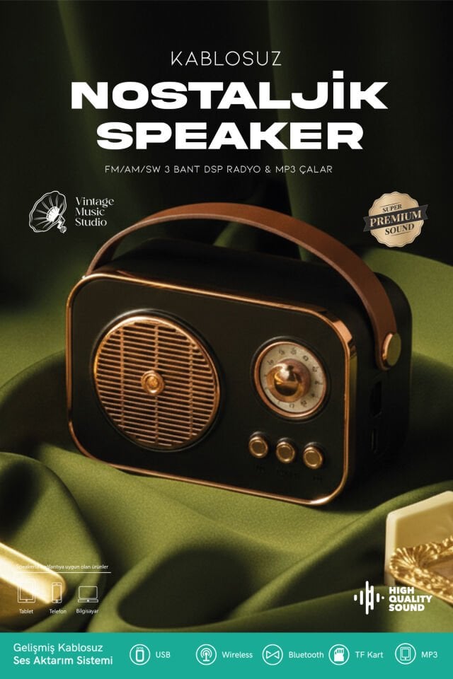 Taşınabilir FM/AM/SW Bluetooth Nostaljik Speaker Siyah