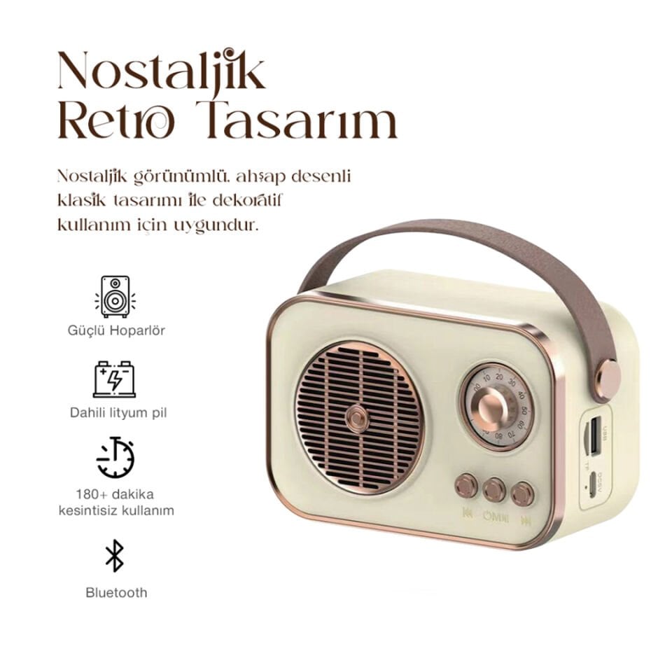 Taşınabilir FM/AM/SW Bluetooth Nostaljik Speaker Beyaz
