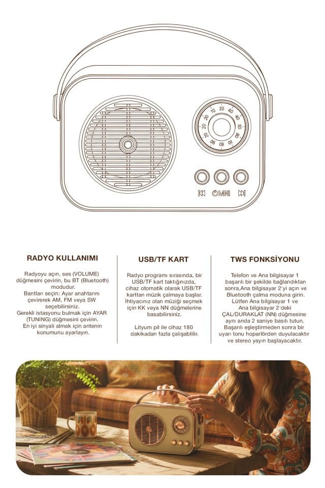 Taşınabilir FM/AM/SW Bluetooth Nostaljik Speaker Beyaz