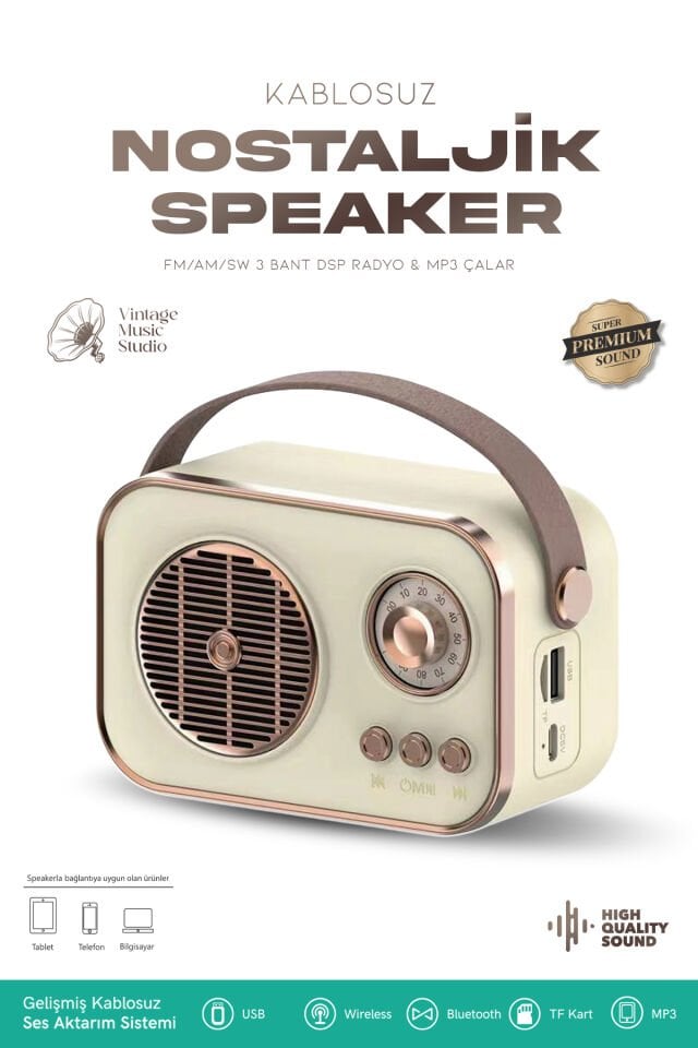 Taşınabilir FM/AM/SW Bluetooth Nostaljik Speaker Beyaz