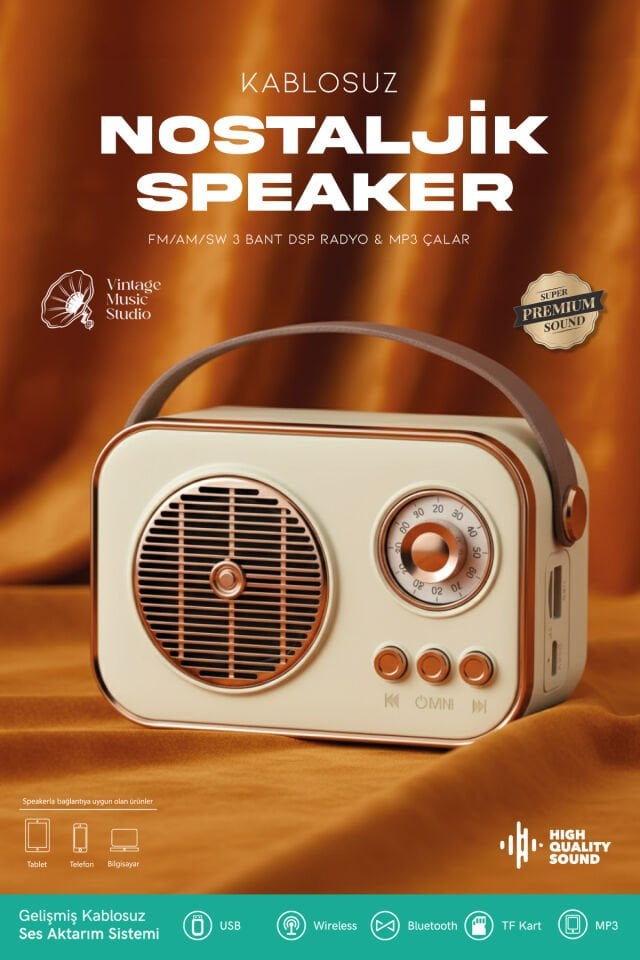 Taşınabilir FM/AM/SW Bluetooth Nostaljik Speaker Beyaz
