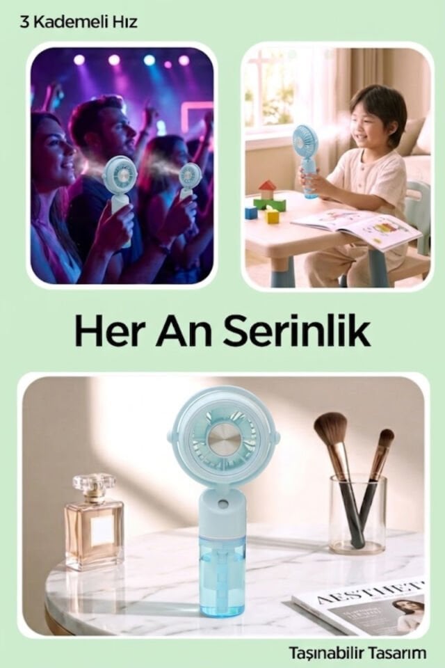 Taşınabilir Püskürtmeli Mini Vantilatör Mavi