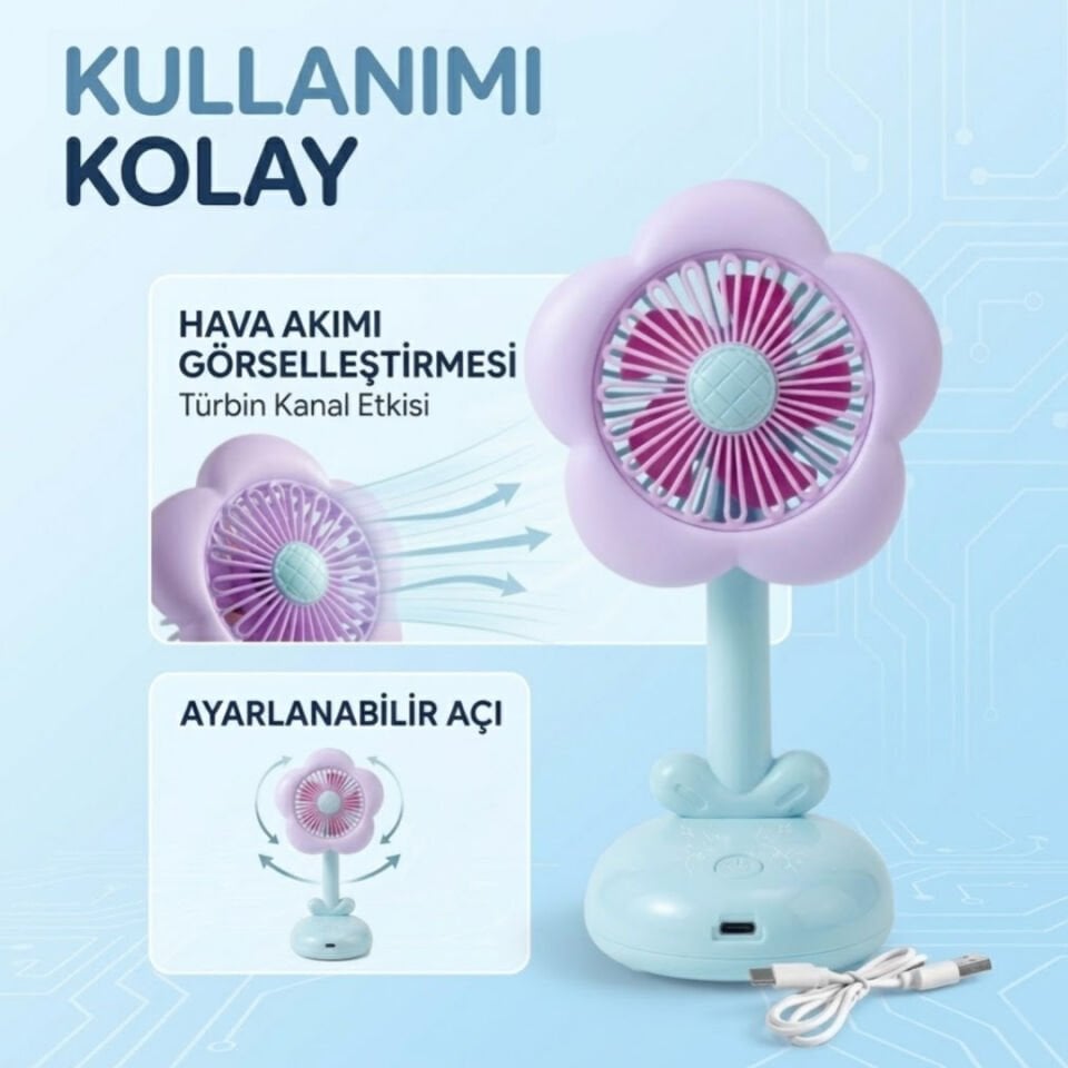 Işıklı Çiçek Tasarımlı Mini Fan Mavi