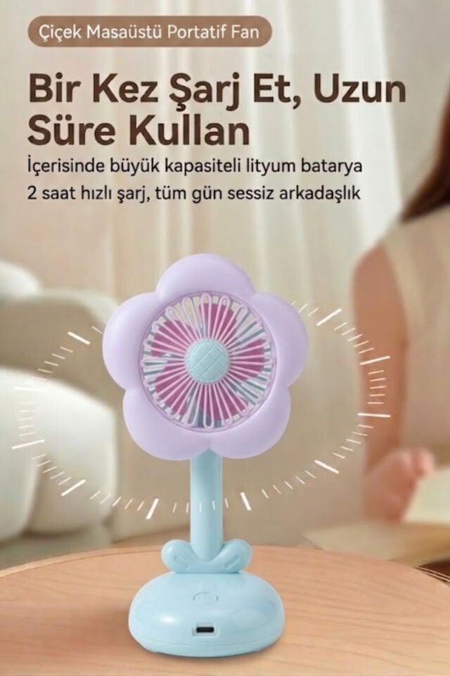 Işıklı Çiçek Tasarımlı Mini Fan Mavi