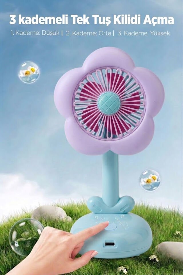Işıklı Çiçek Tasarımlı Mini Fan Mavi