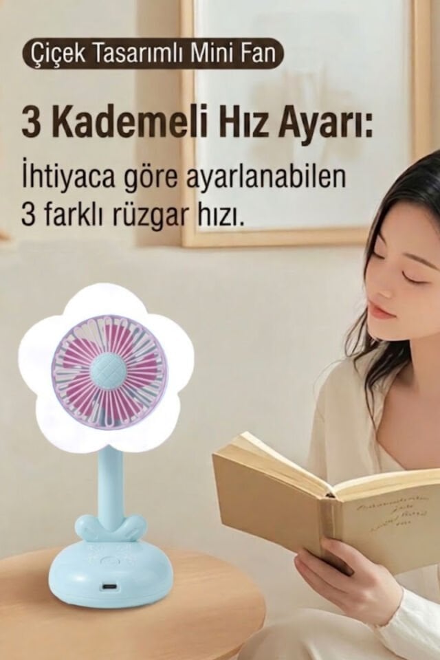 Işıklı Çiçek Tasarımlı Mini Fan Mavi